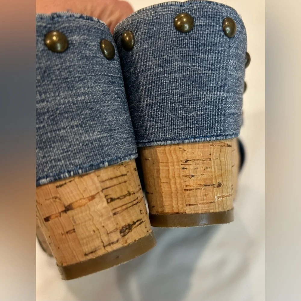 Crown Vintage Cork Wedge Blue Denim Stretch Studded Sandal Size 6.5